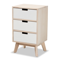 Baxton Studio Halian Mid-Century Modern Two-Tone White and Light Brown Finished Wood 3-Drawer End Table